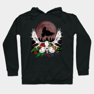 blood moon, raven, wolf skulls, moose skulls and flowers Hoodie